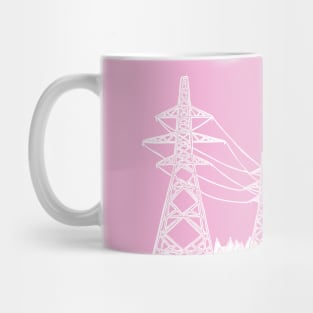 Electricity Pylons Lino Print Silhouette in White and Pink Mug